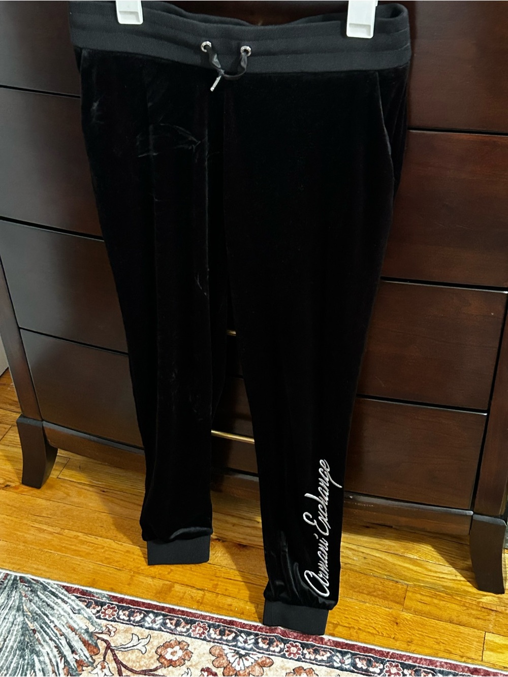 Armani Exchange Black Velour Jogger Pants with Script Logo